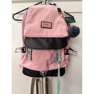 Asge Pink Black Nylon Backpack Harajuku Industrial Strap Lace Up School Bag NEW